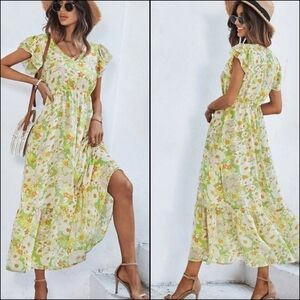{S} Aakaa Tiered Ruffle Yellow Midi Dress